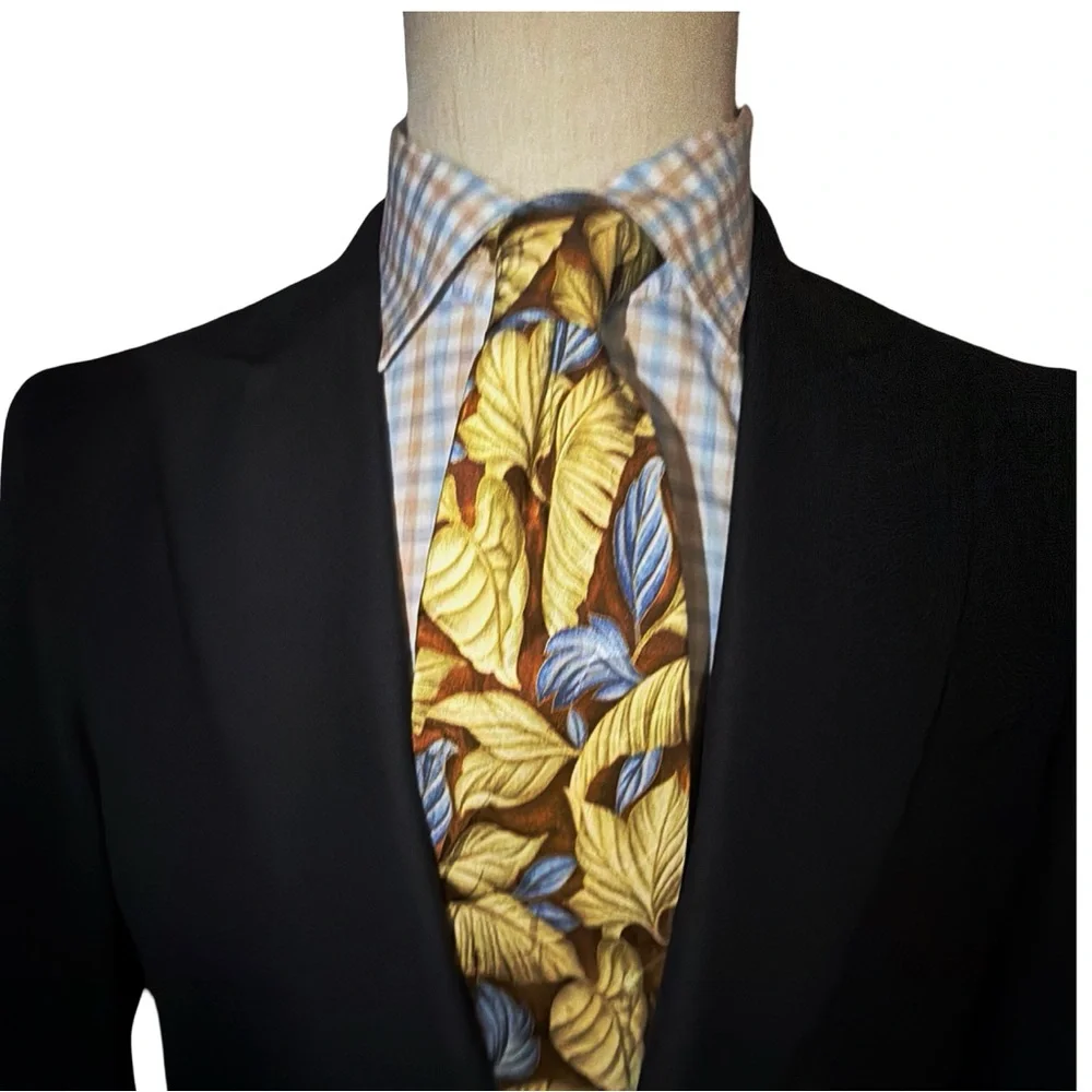 Bijan Tie | Made in Italy | Botanical Leaf Print | Brown Gold Blue | Lux Necktie - Picture 8 of 9